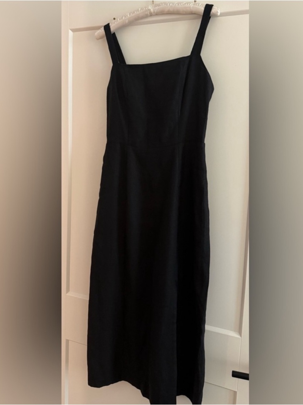 Sezane Black Linen Square-Neck Midi Dress